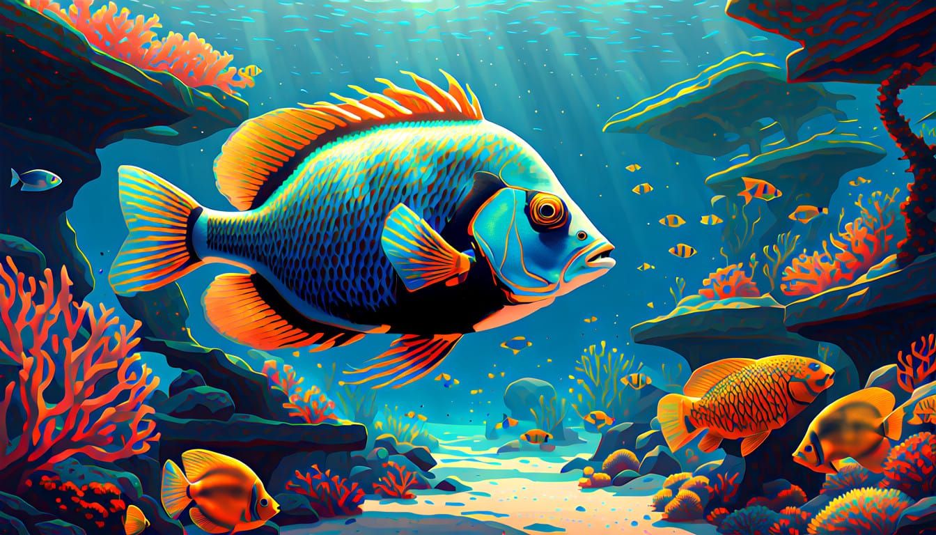 Vibrant Coral Reef Scene with Iridescent Fish and Dynamic Li...