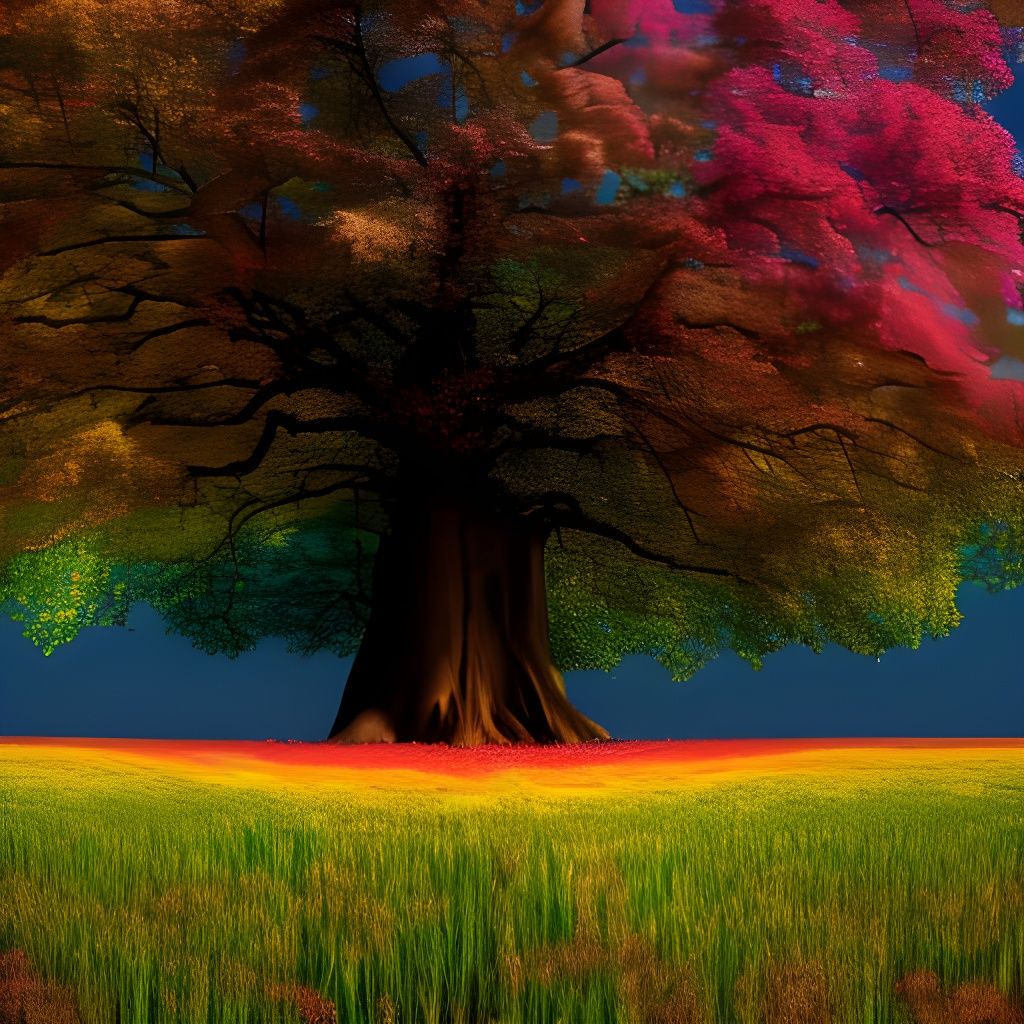 Rainbow Oak Tree in Flower Field: Hyperrealistic Photography