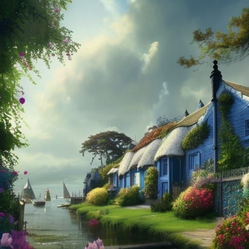Victorian Seaside Village with Lush Garden, Gothic Art