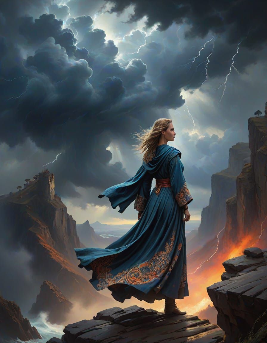 Empowered Woman on Cliff in Stormy Sky, Oil Painting