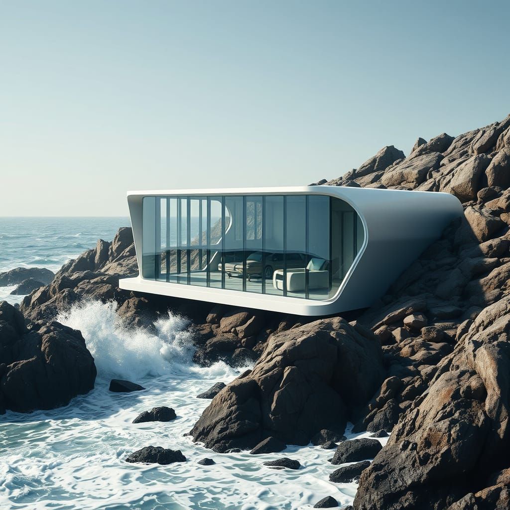 Modern Glass House on Rocky Coastline