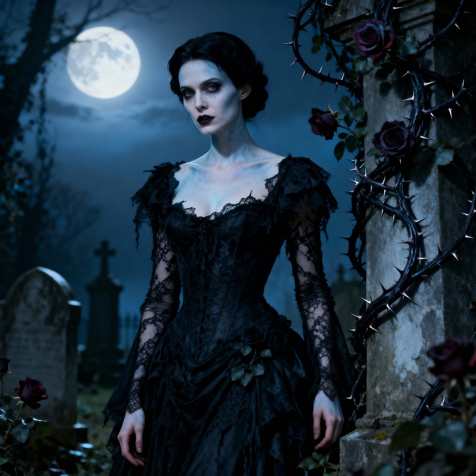 Dark Elegance: Woman in Victorian Cemetery