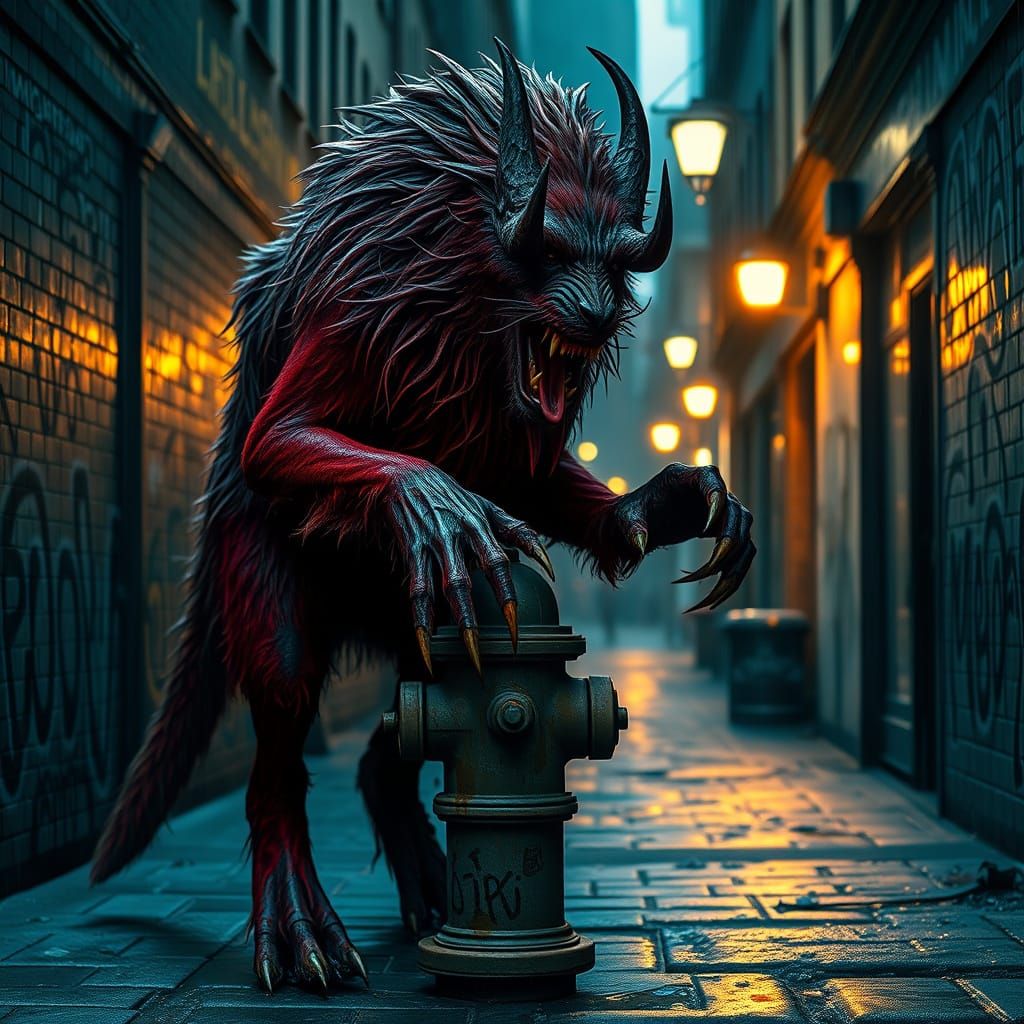 Cyberpunk Hellhound Defiles Graffiti-Covered Fire Hydrant