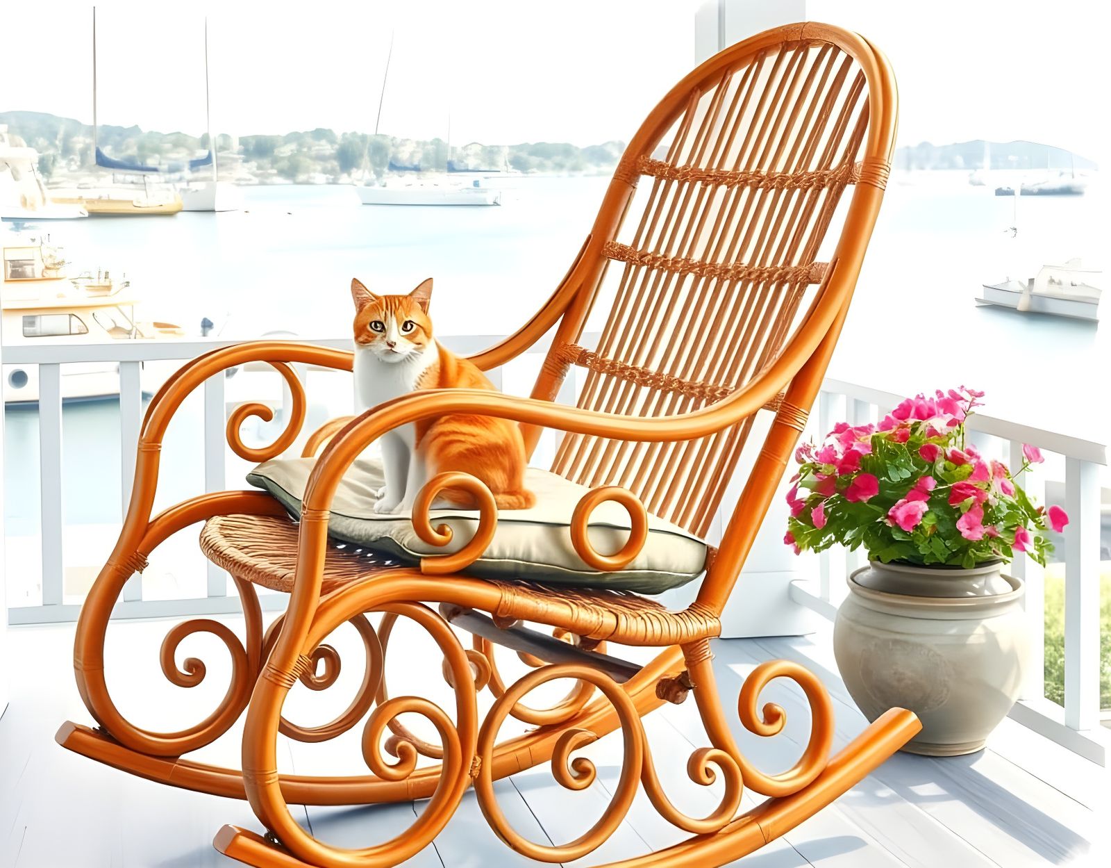 Rattan Rocking Chair with Cat in Watercolor Style