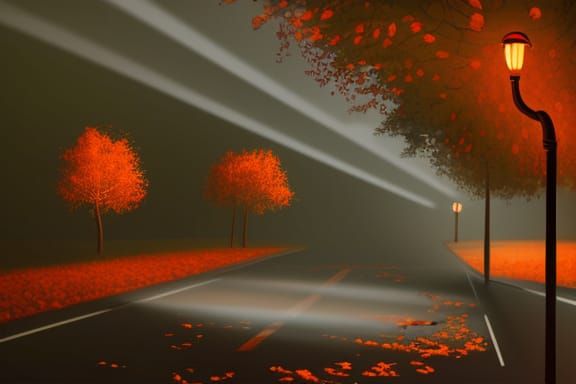 Foggy Autumn Night Street: Digital Illustration