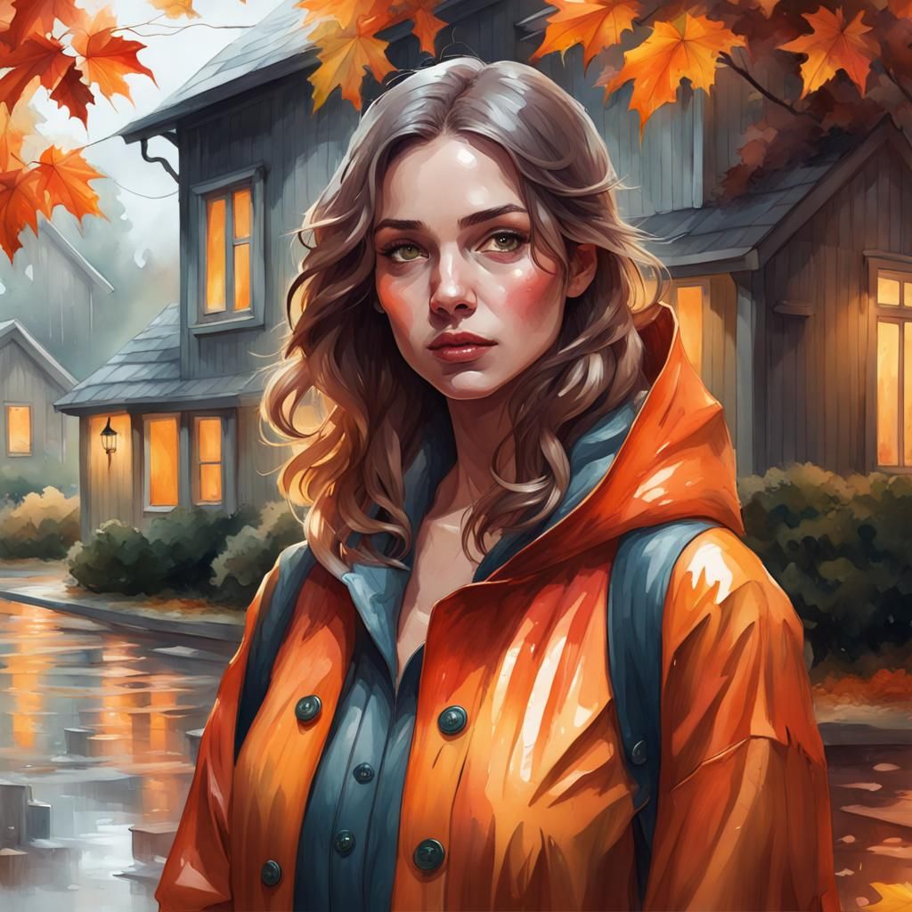 Watercolor Illustration of Girl in Raincoat, Autumn Scene