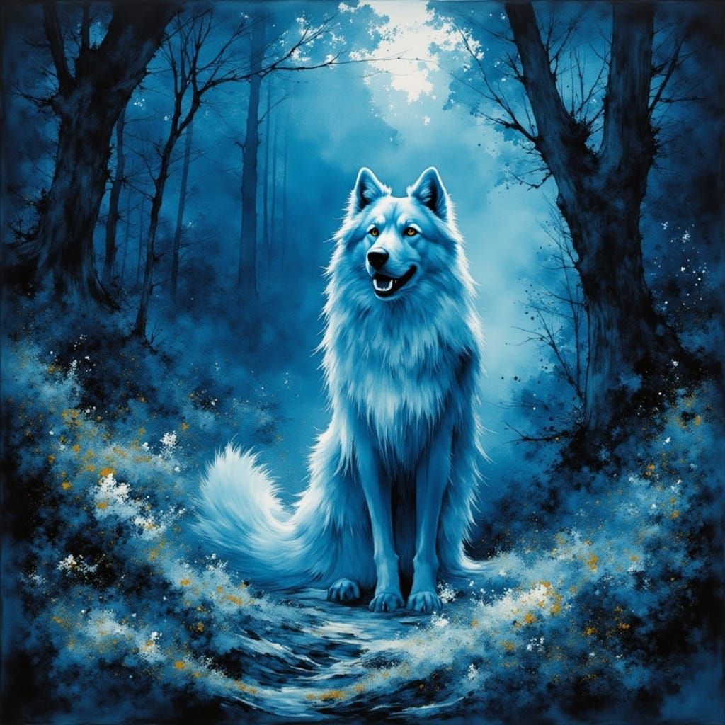 Ethereal Blue Dog Guardian in Enchanted Forest