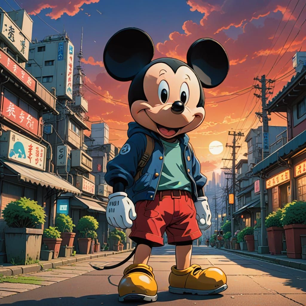 Confident Mickey Mouse in Vibrant Tokyo Cityscape - Anime St...