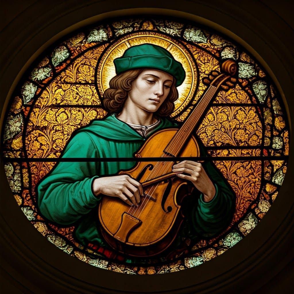 Medieval Stained-Glass Portrait of a Troubadour in Vibrant C...