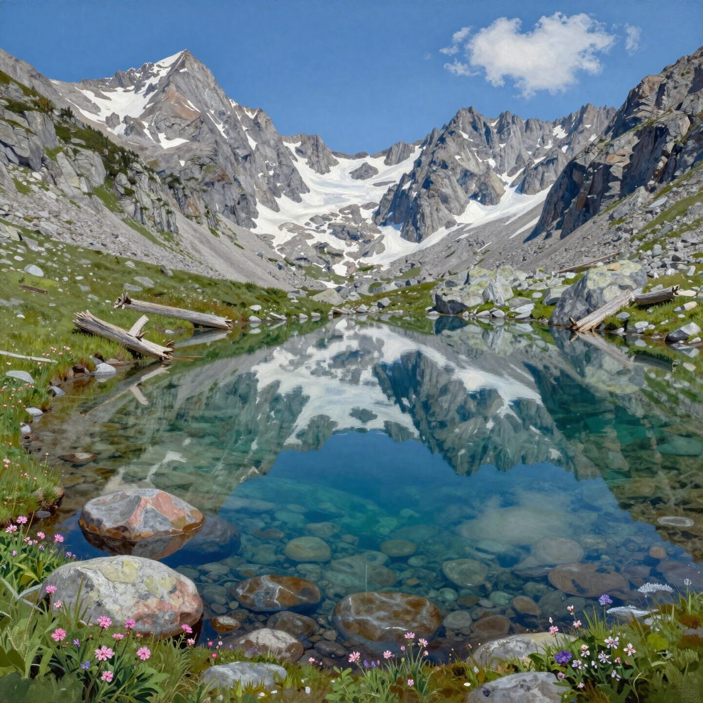 Luminous Oil Painting of Still Alpine Tarn Reflection