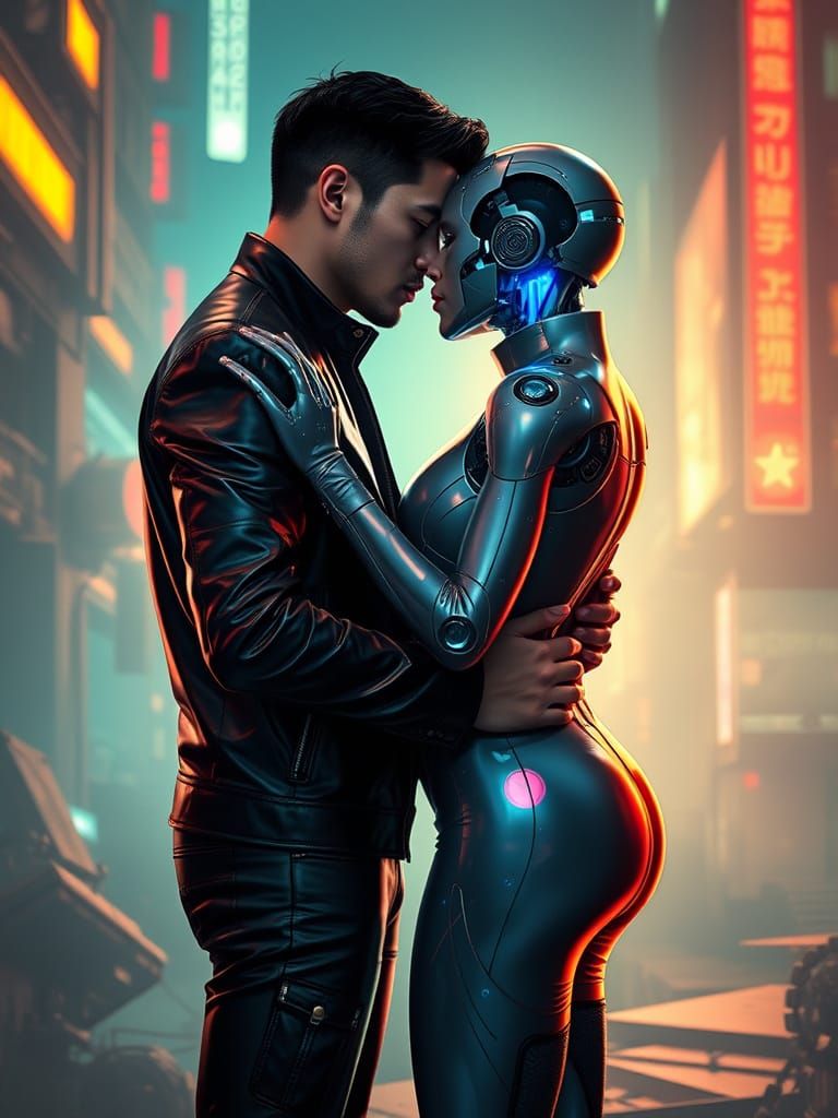 Cyberpunk Couple Embracing in Neon-Lit Futuristic Cityscape