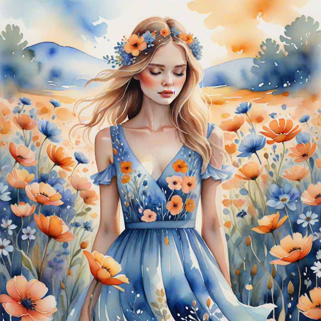 Whimsical Watercolor Portrait in a Blooming Meadow