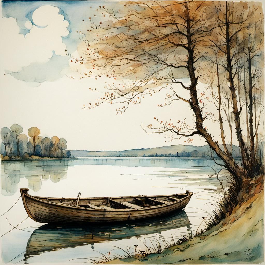Lonely Boat on Lake in Rackham Style