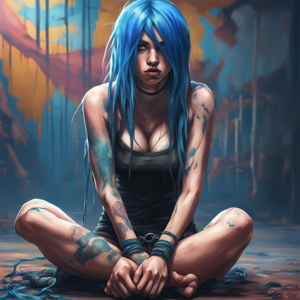 beautiful hot emo girl with blue long hair on her knees with big breast in ripped short clothes being kidnapped with han...