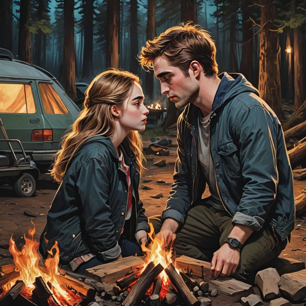 Romantic Campsite Kiss in Hyperrealistic Style
