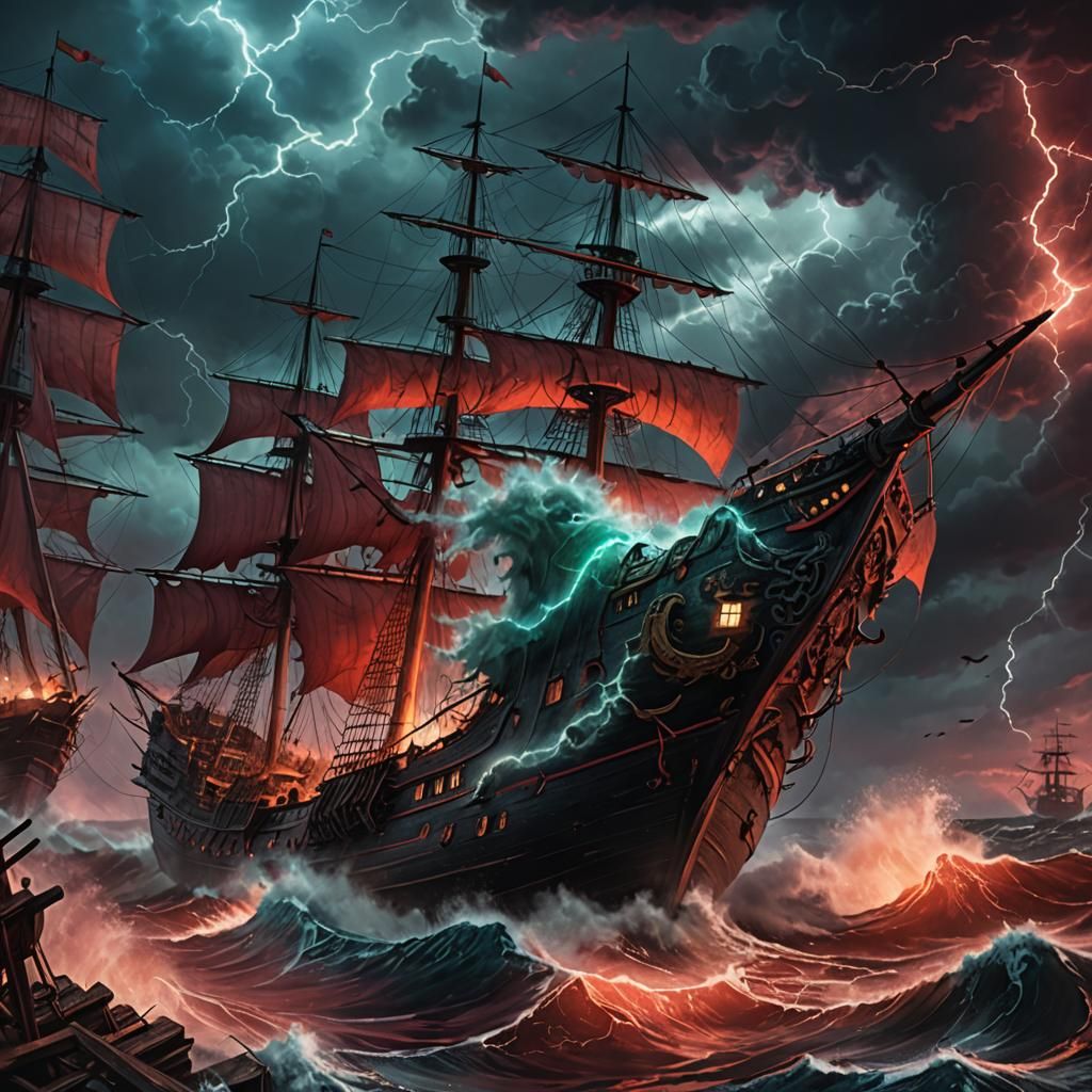Cursed Ship Navigates Stormy Seas Under Crimson Sky