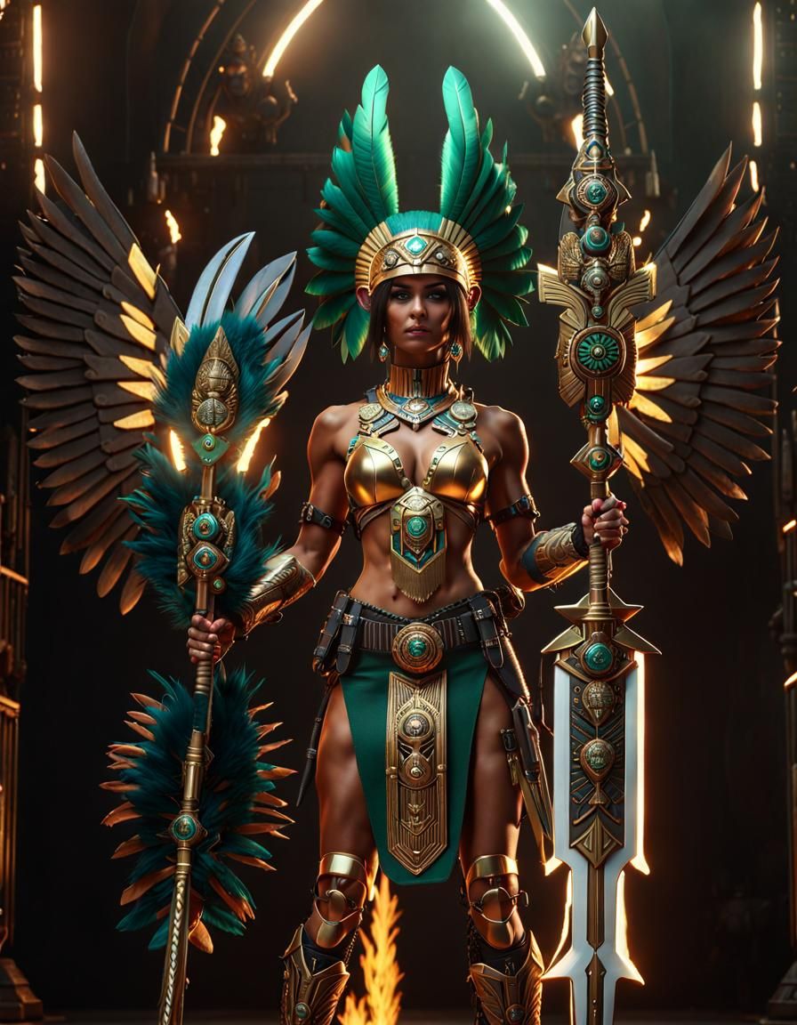Aztec Warrior Woman with Flaming Sword in Cyberpunk Style