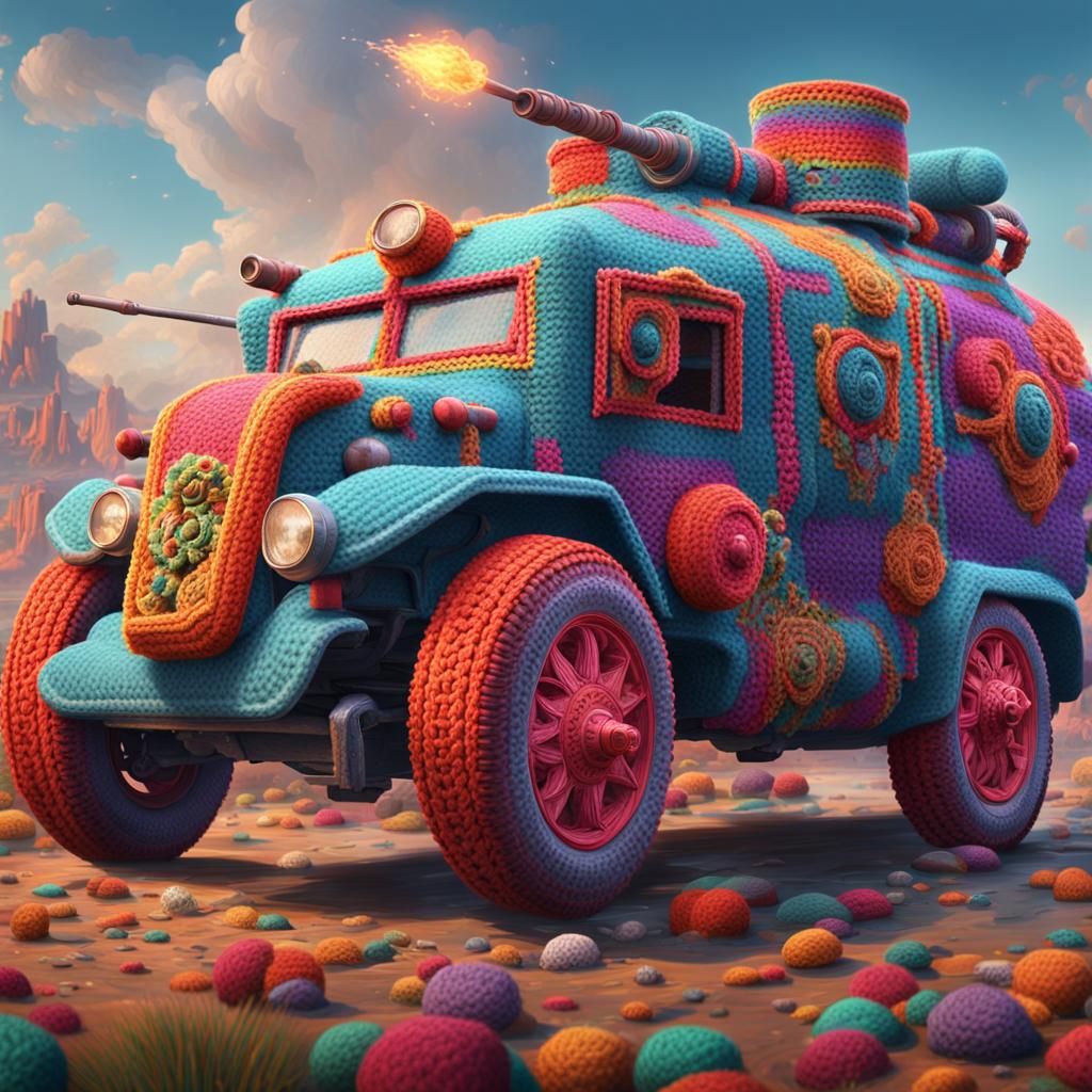 Elderly Woman Crochets Armored Car, Detailed Matte Painting