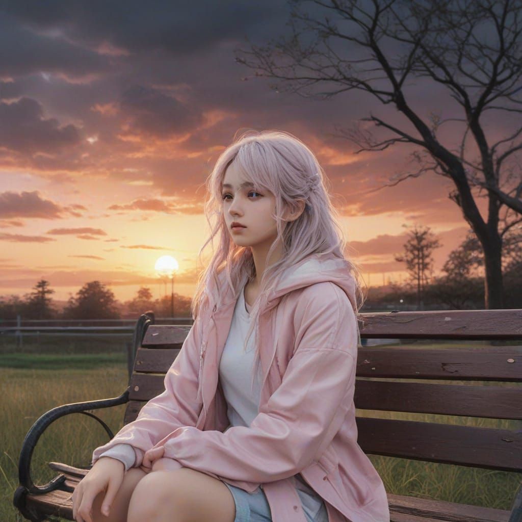 Young Woman Under Stormy Sky in Anime Key Visual Style