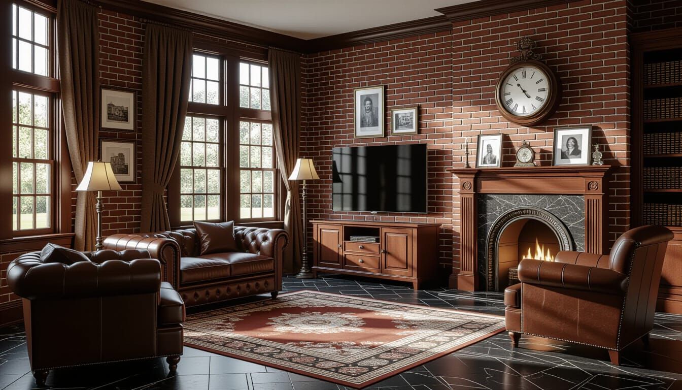 Victorian Living Room with Leather Sofa and Fireplace