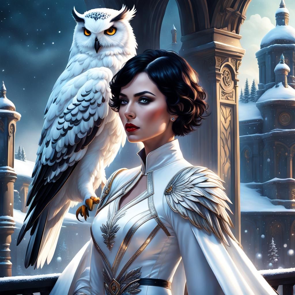 Pale Woman with Snowy Owl: Hyperrealistic Digital Art