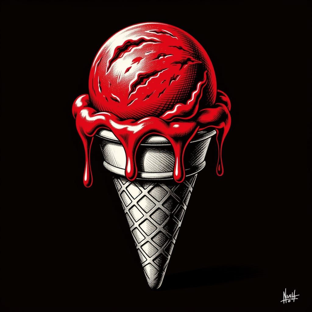 Hyperdetailed Charcoal Drawing of a Cartoon Red Ice Cream Co...