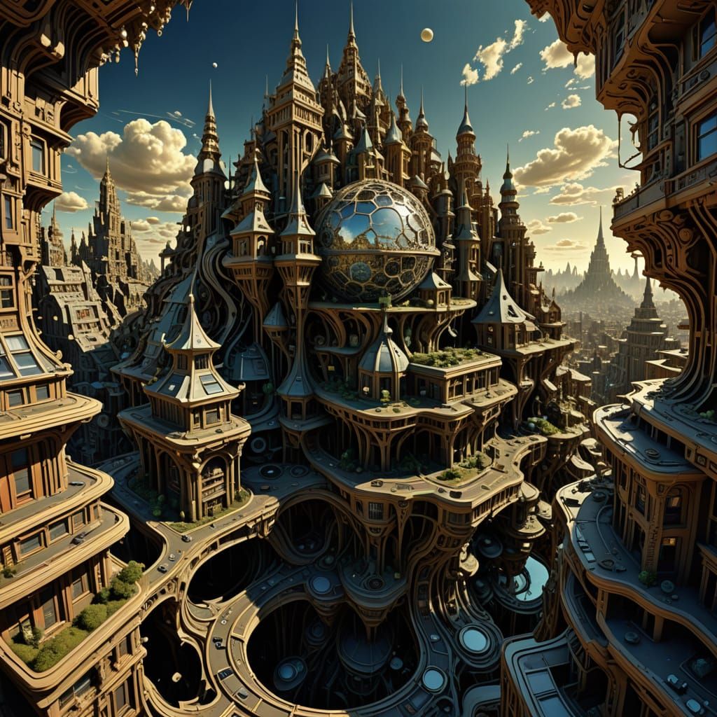 Surreal Cityscape of Impossible Architecture in Photorealist...