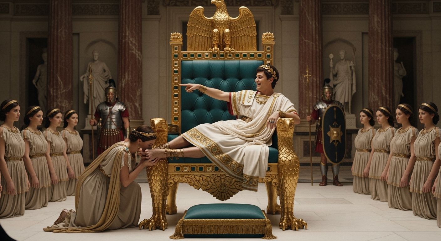 Emperor Nero on Gold Throne with Priestesses