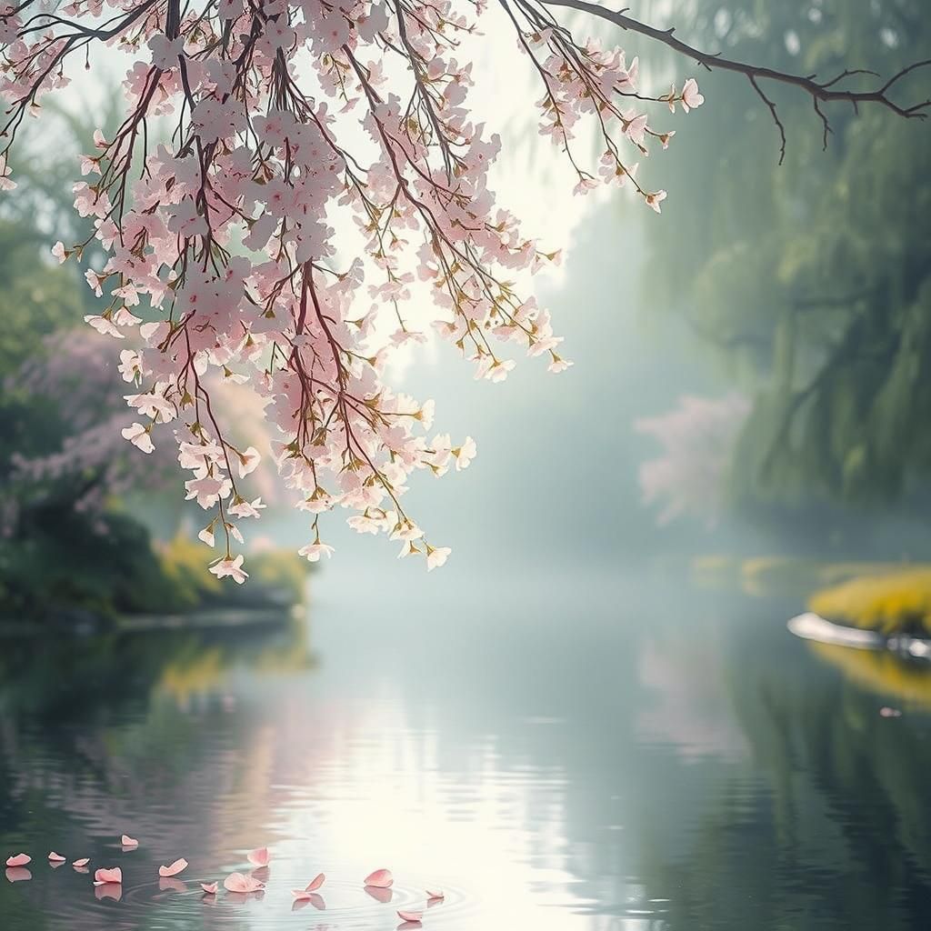 Serene Riverside Scene with Cherry Blossoms