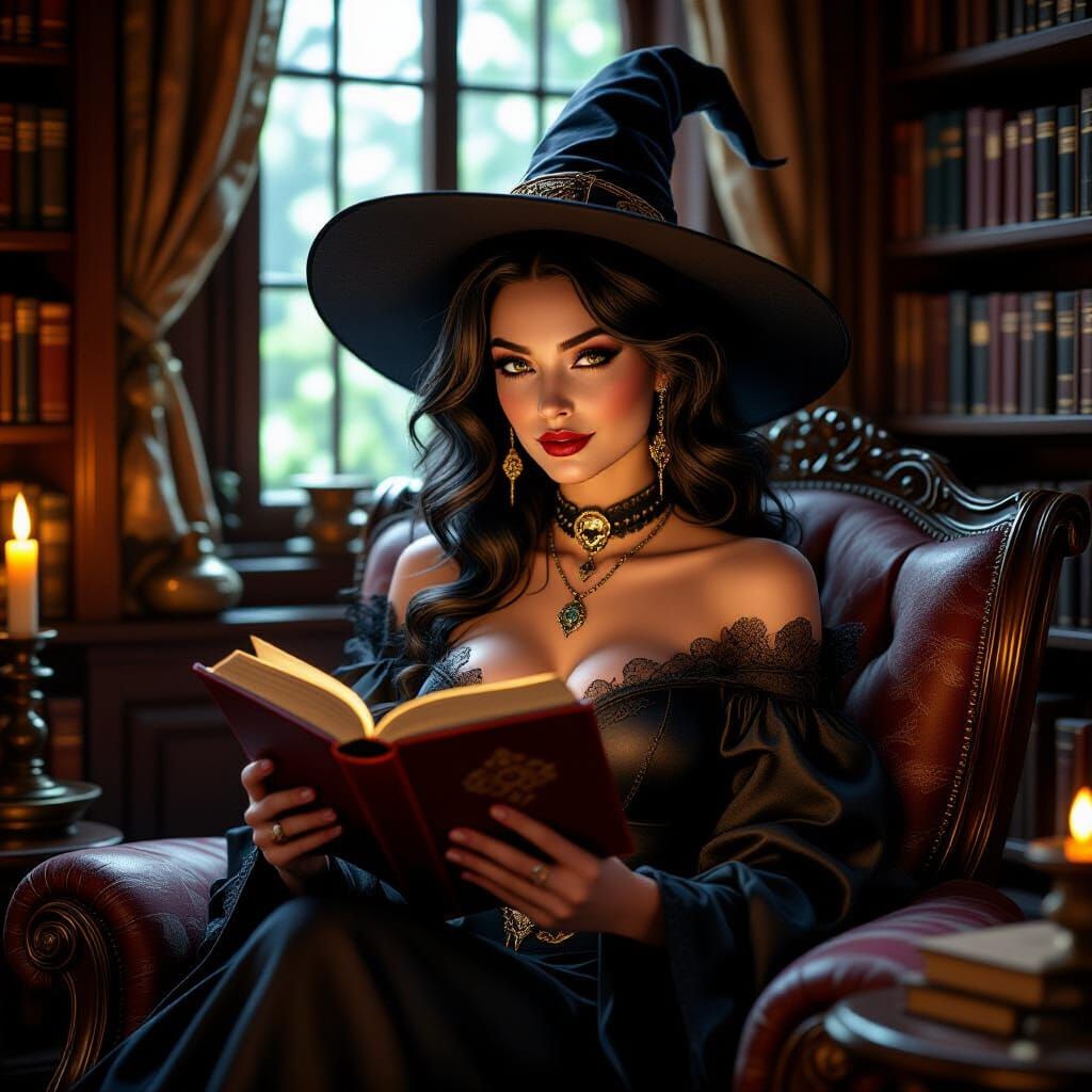 Glamorous Witch Lilith in Magic Library Nook