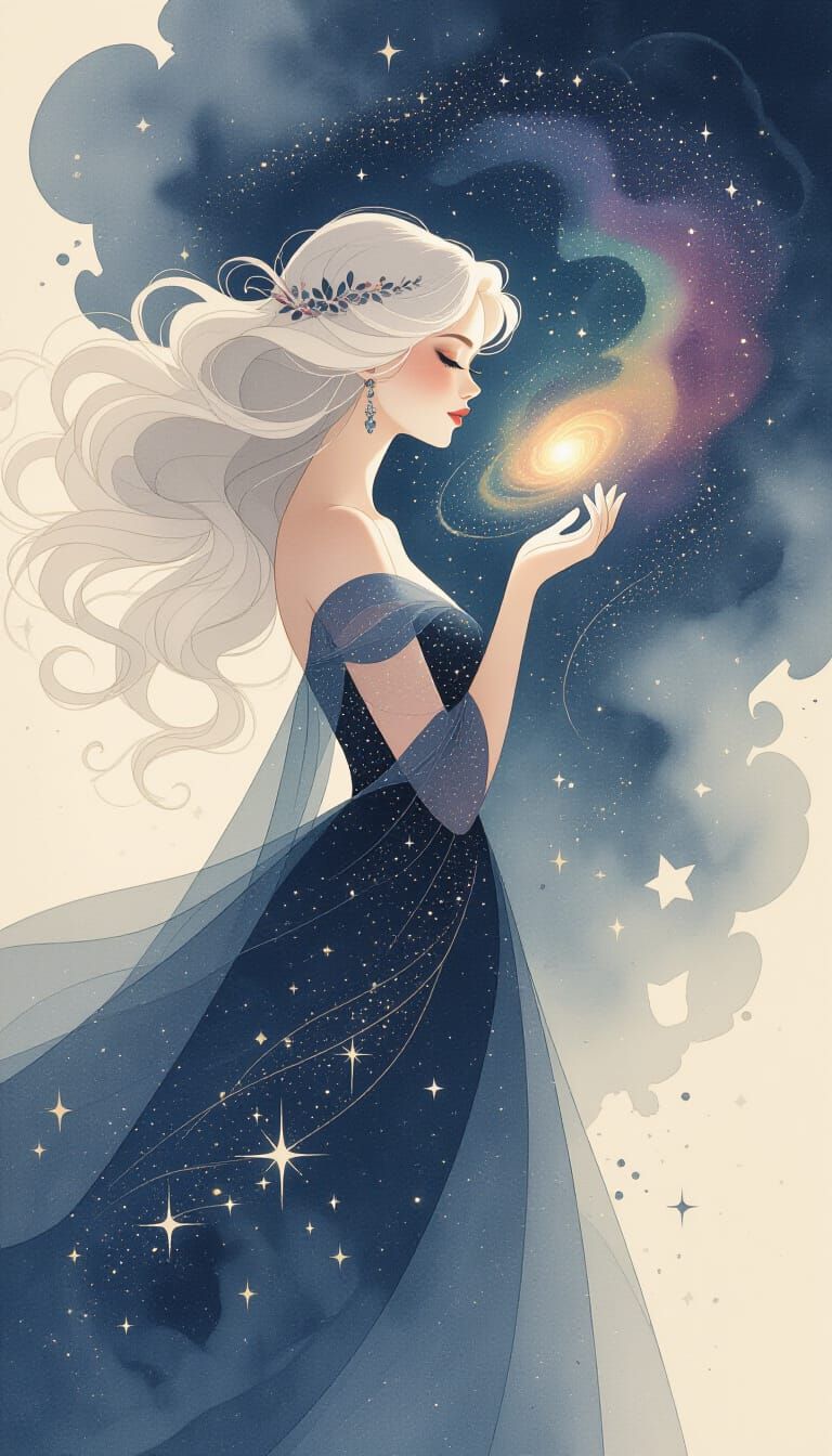 Ethereal Woman Gazes into Cosmic Universe