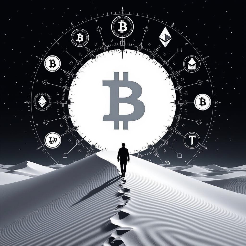 Man on Desert Dune with Crypto Logos on TFT Display