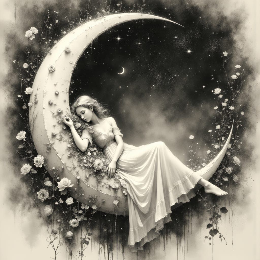 Surreal Dream of Woman Sleeping on Moon in Pencil and Charco...