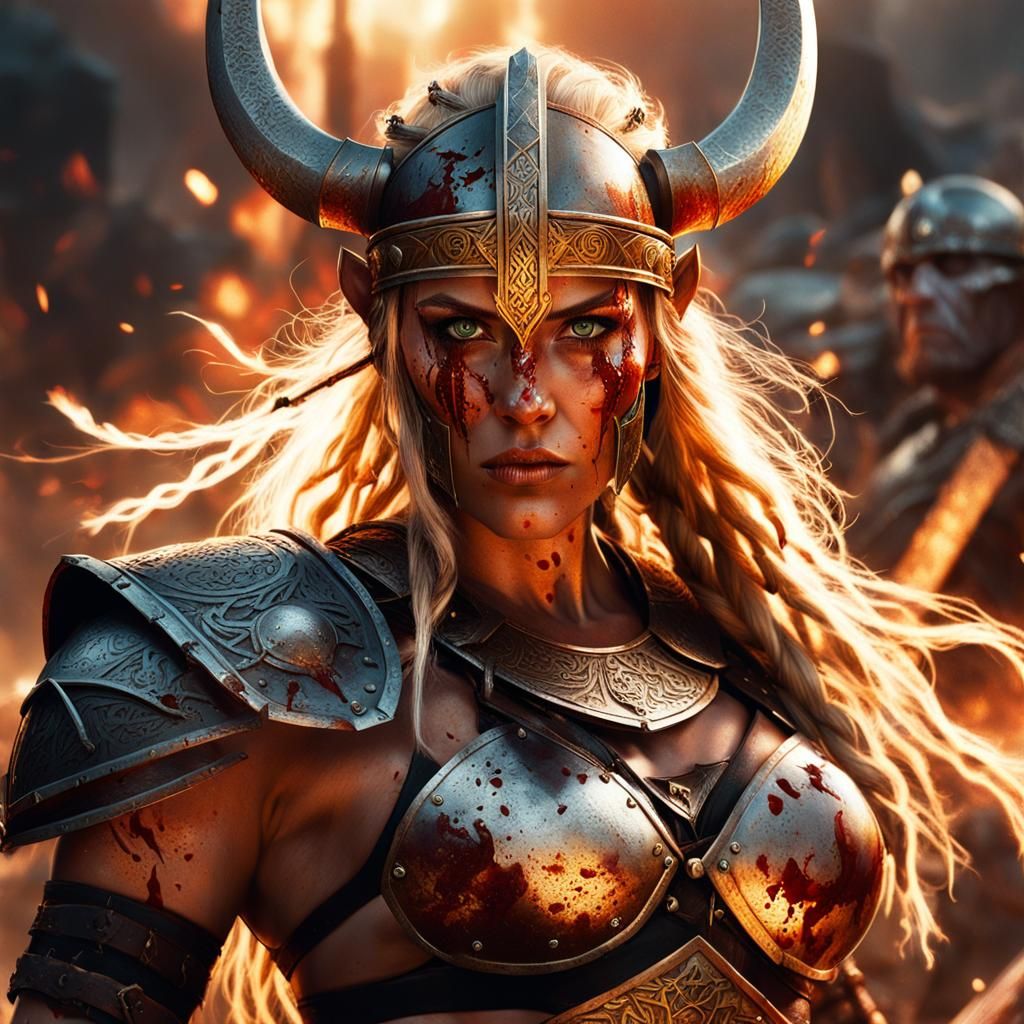 Viking Warrior Princess in Chaotic Battle, Dark Fantasy Art