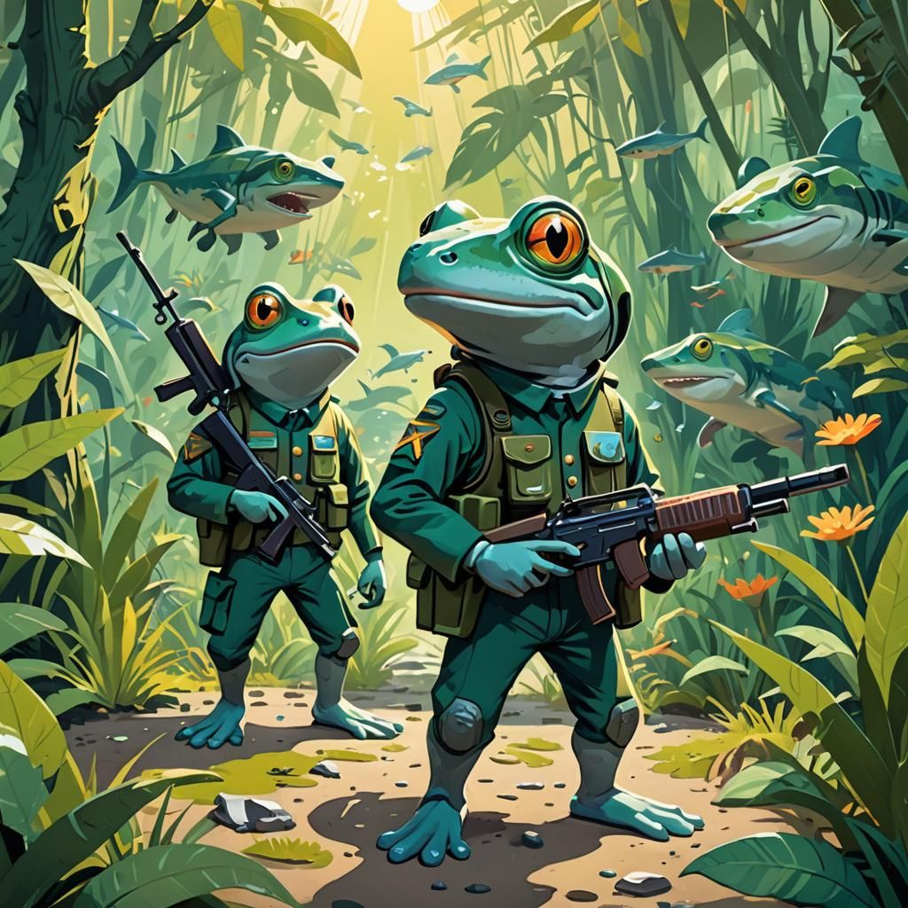 Cartoon Frog and Shark Military Alliance