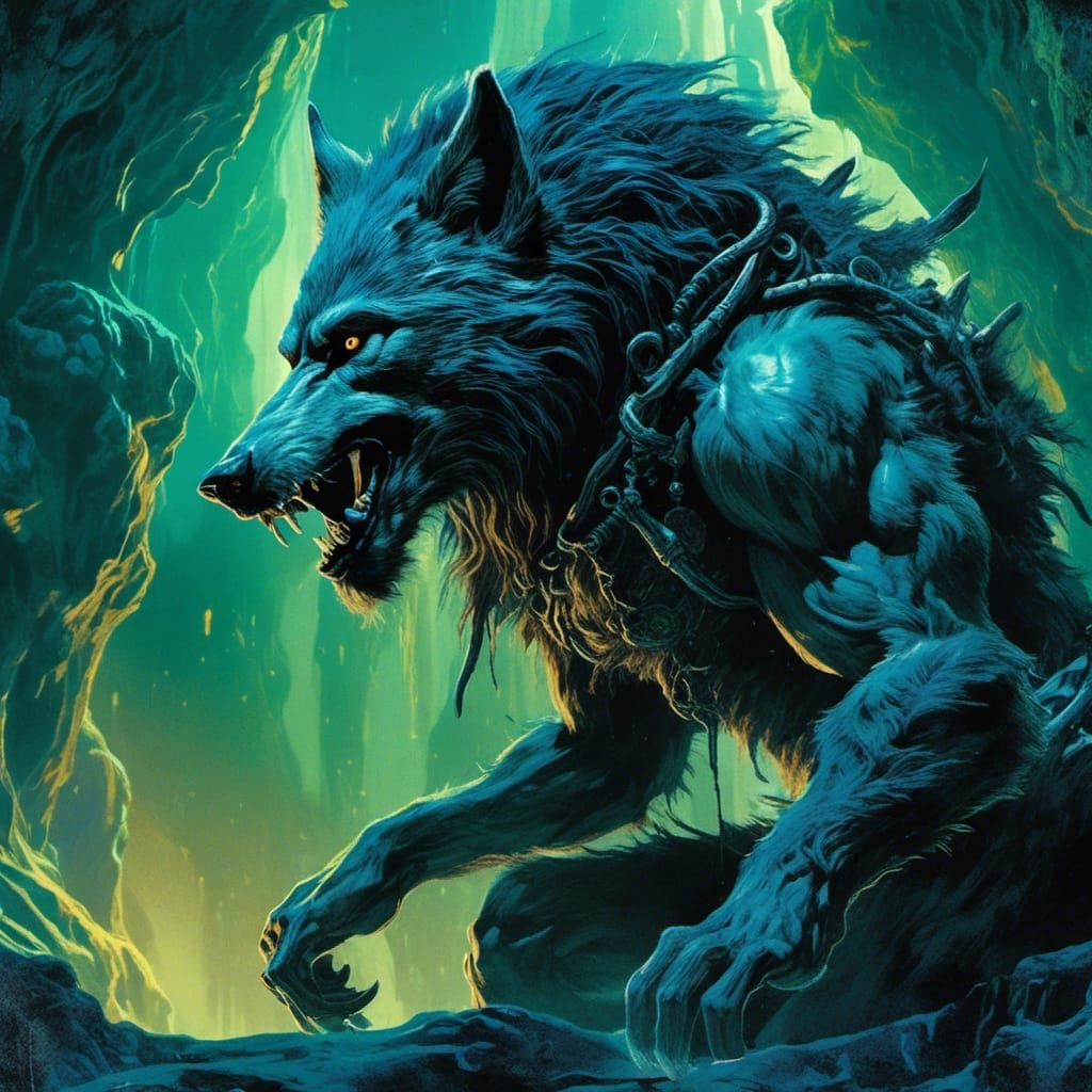 Alien Werewolf in Bioluminescent Cavern, Mythic Creature Art