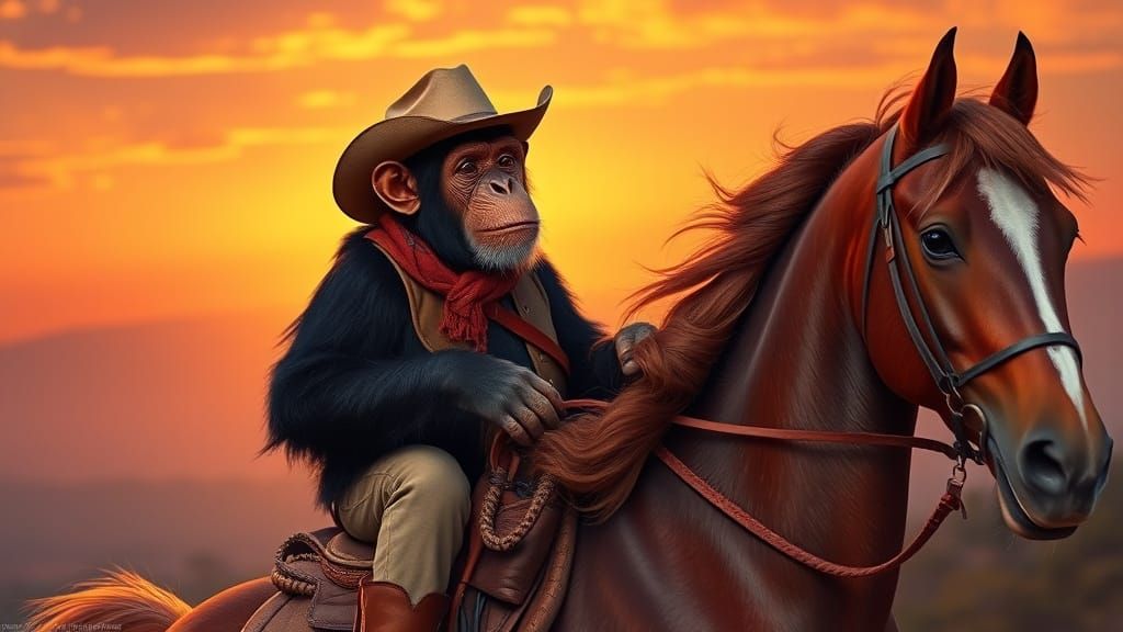 Chimpanzee Cowboy Rides a Horse at Sunset