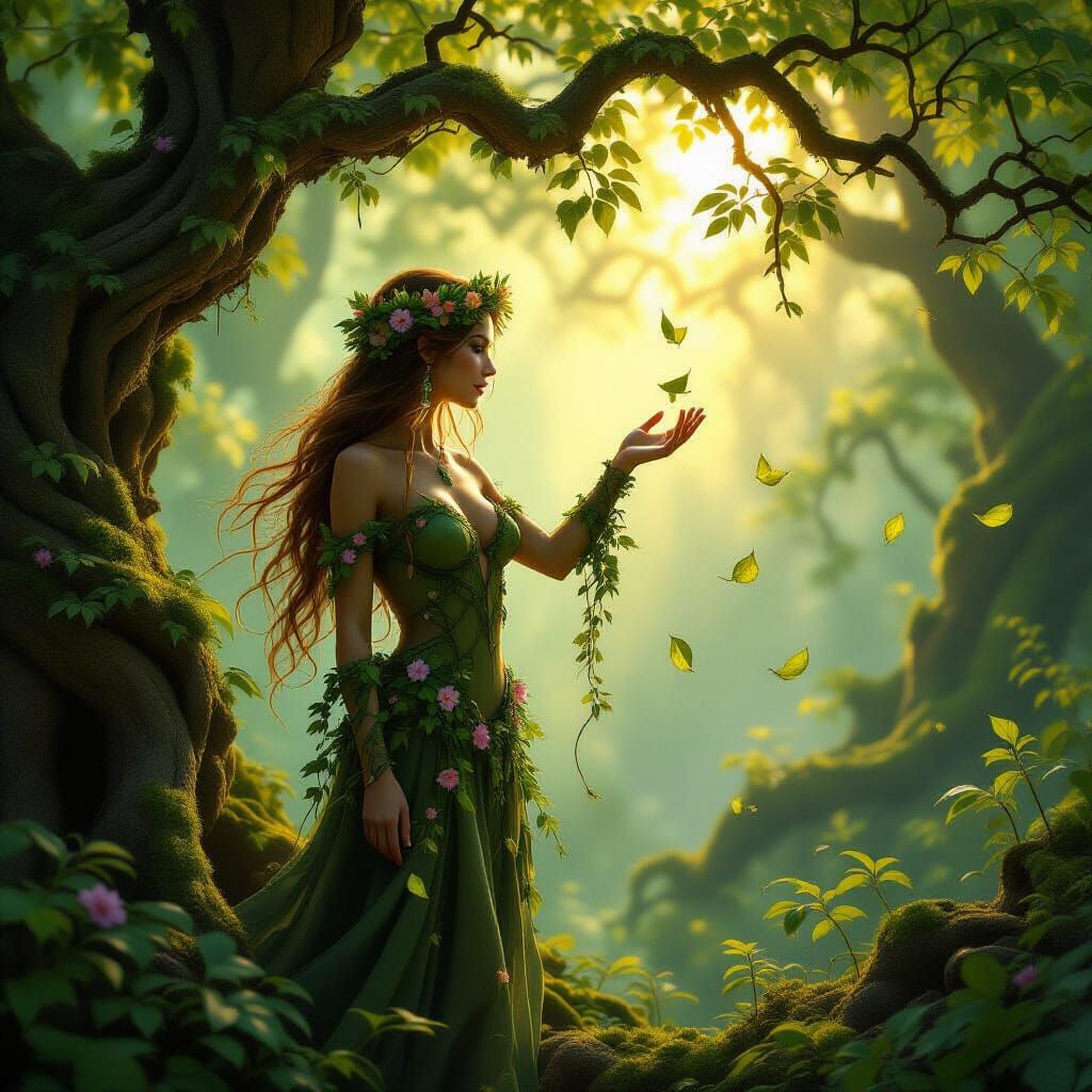 Nature Spirit Communicating in Sunlit Forest