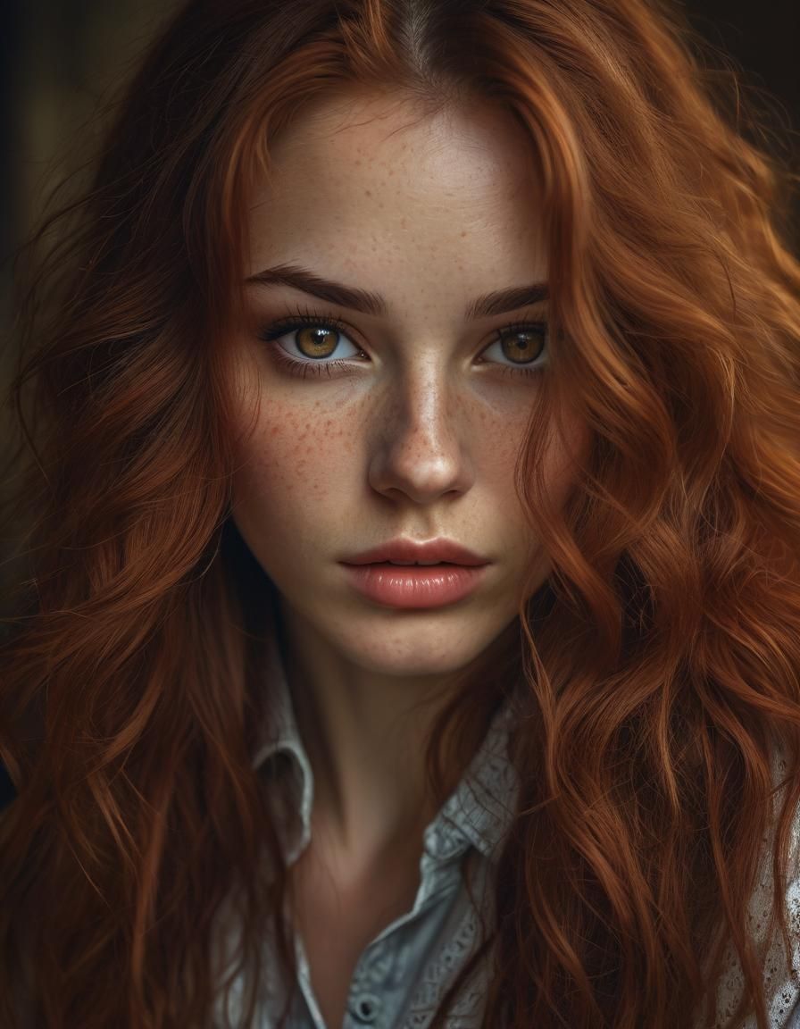 Striking Portrait of Auburn-Haired Woman with Freckles