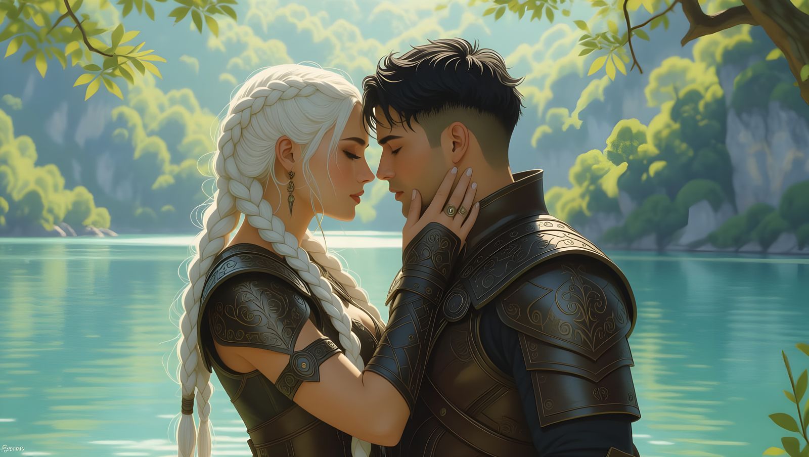 Ethereal Warrior Couple Basks in Ancient Lake's Golden Glow