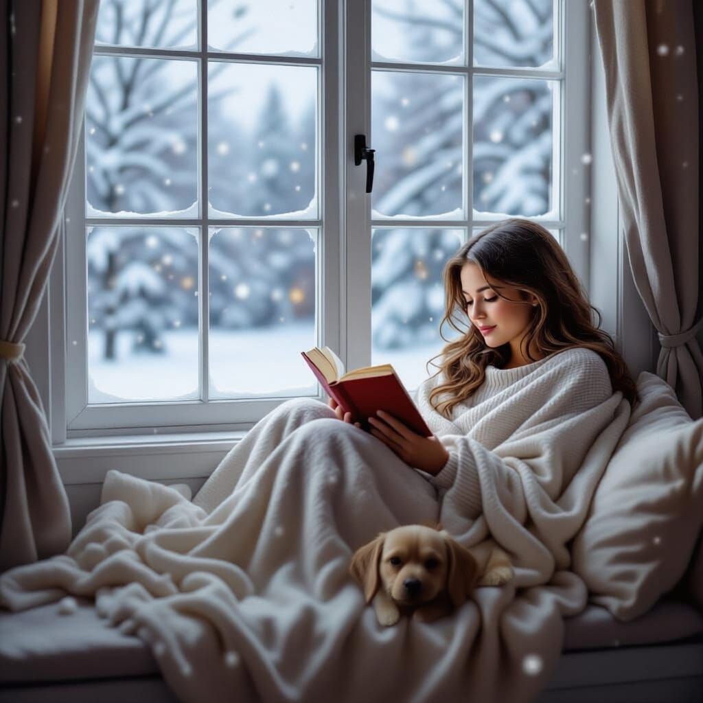 Cozy Girl Reading by Snowy Window