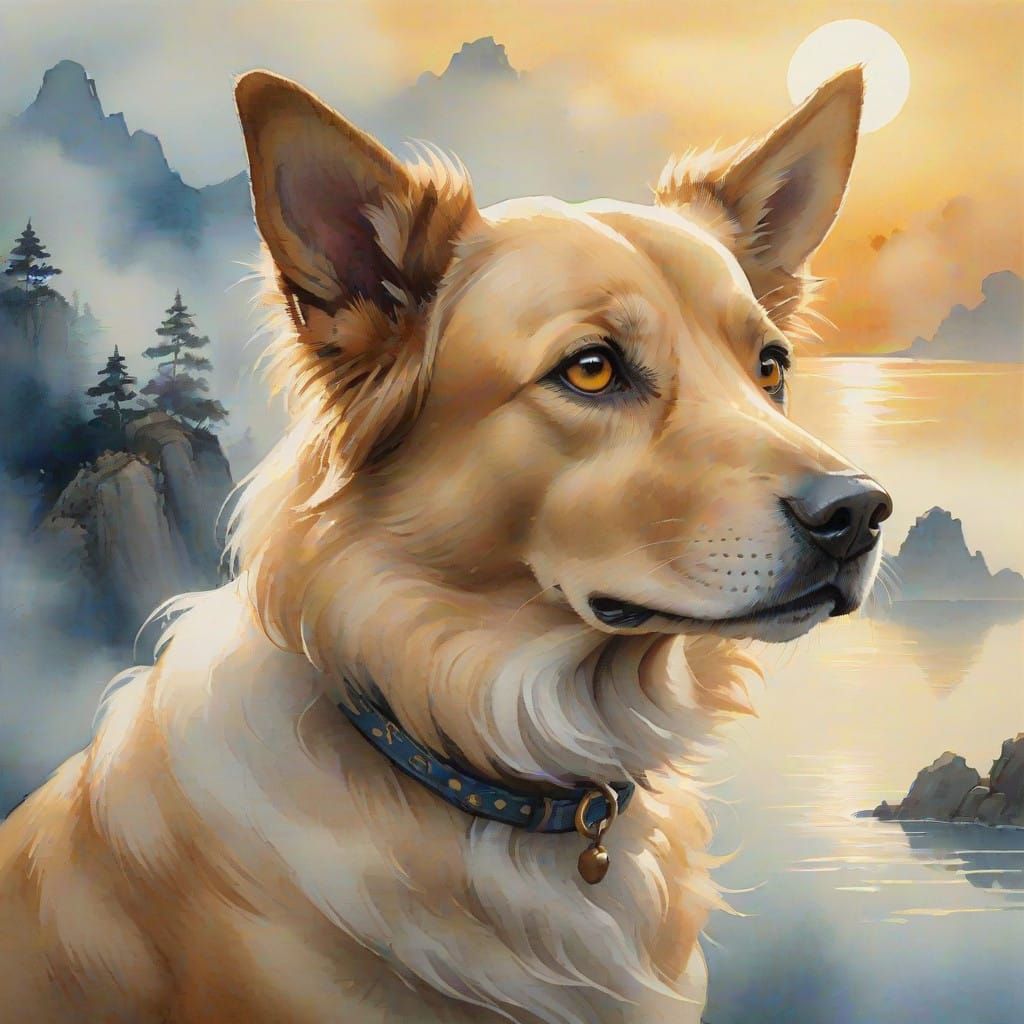 Soulful Watercolor Portrait of a Golden Dog in Serene Landsc...