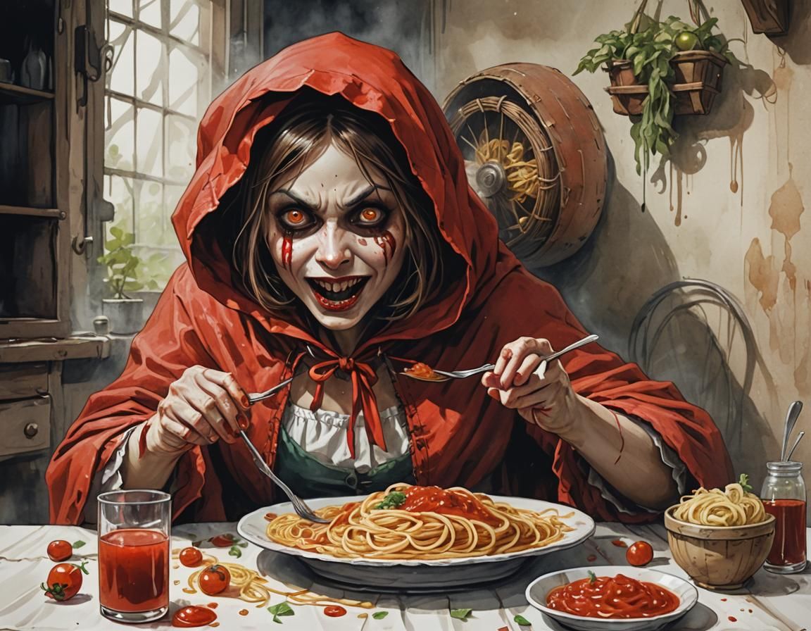 Little Red Riding Hood Enjoys Spaghetti