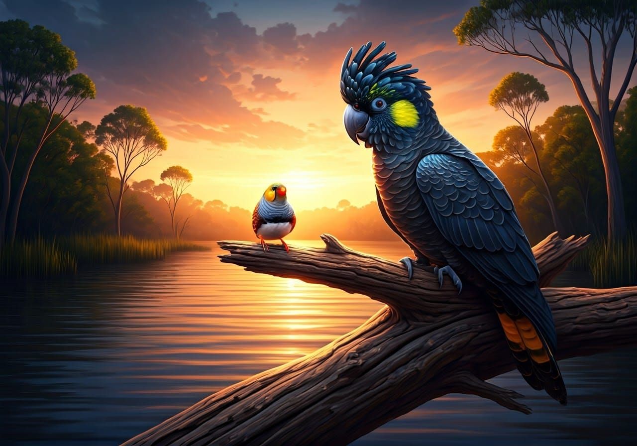 Australian Birds at Sunset: Hyper-Realistic Splash Art