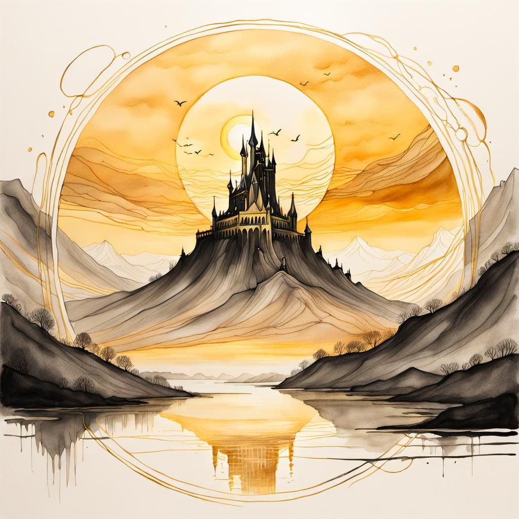 Minas Tirith Sunrise Ink Sketch