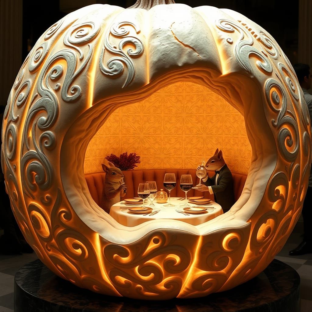 Squirrels Dine Inside a Luminescent Pumpkin