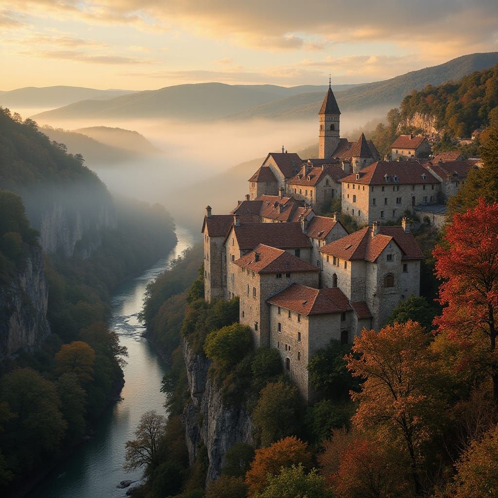 Medieval Village of Saint Cirq Lapopie in Autumnal Golden Ho...