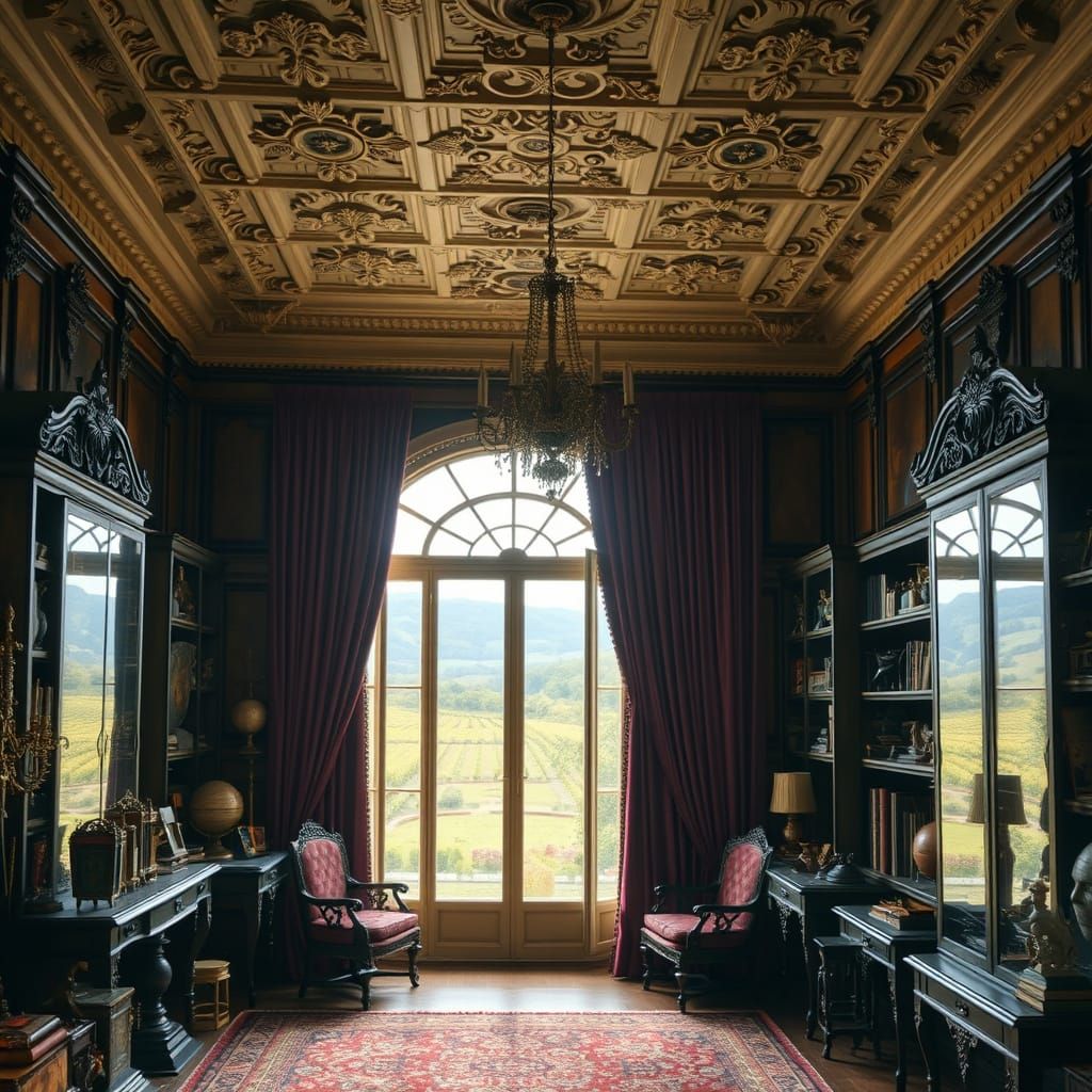 Elegant Manor House Study with Antique Armor and Magic Stone...