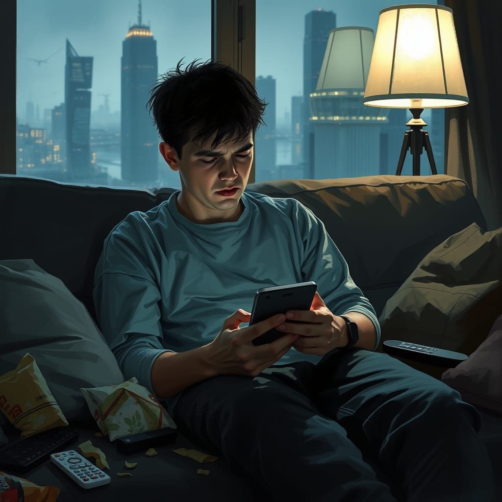 Young Adult Overwhelmed by Isolation in a Futuristic Citysca...