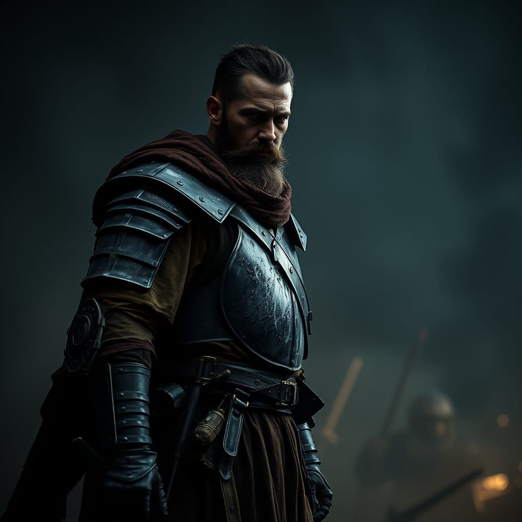 Lone Warrior Faces Enemy in Dark Cinematic Scene